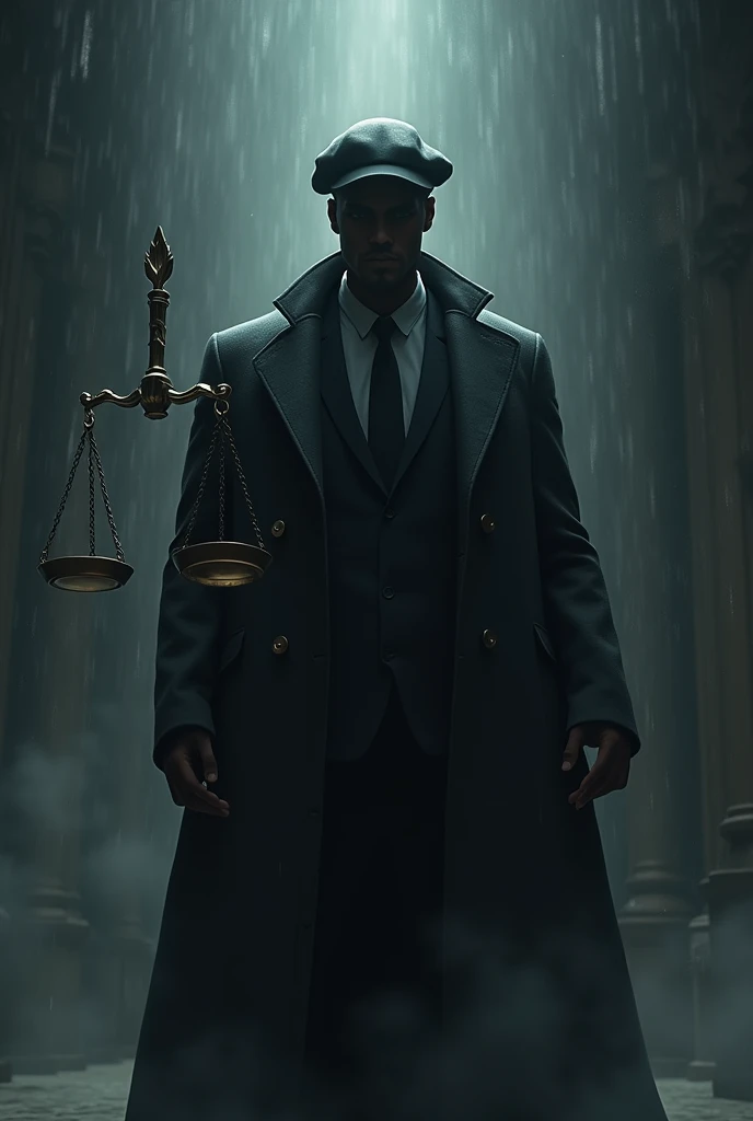 realistic animation. black male, sombra no rosto, with overcoat, Suit, beret and scales of justice. dark colors and awesome aura with super power rain