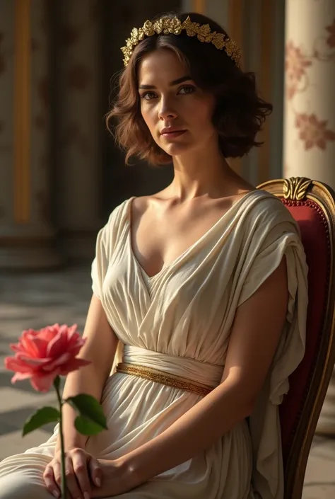 the goddess Athena with short  brown hair sitting on chair wearing wedding long Greek dress covering the neck and A crown of golden wreath  in big room in palace and front of her a vase with rose , portrait close up shot