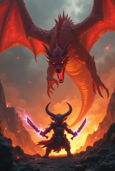 powerful goblin equipped with two electric daggers, he is looking at a powerful red dragon that is flying above a volcano