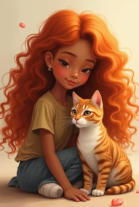 a brown-skinned girl with long curly orange hair, next to her cat with brown and gray fur, with stripes