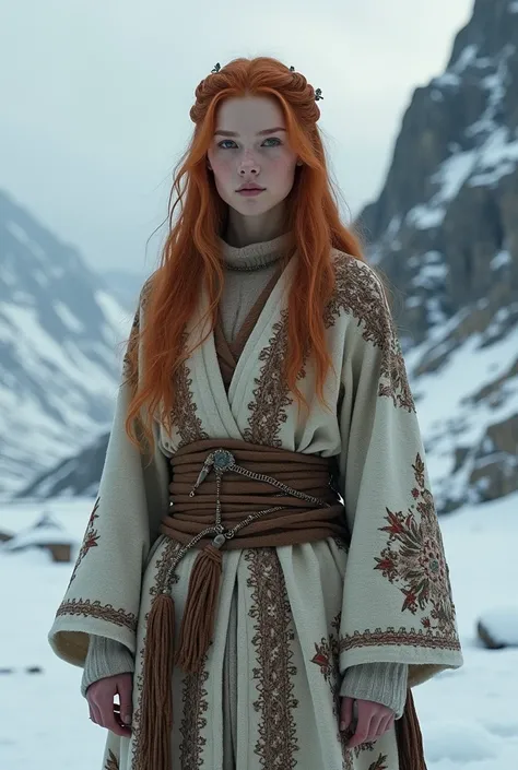 Genderfluid, more feminine, less masculine, indigenous norse clothes, tall, red hair, female asian face, in cold climate