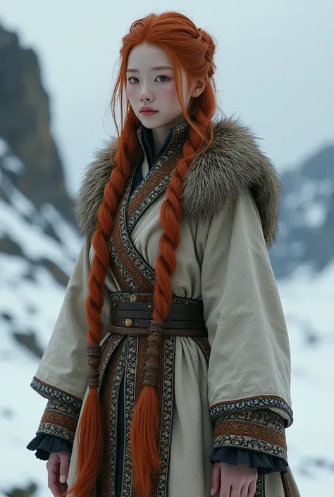 Genderfluid, more feminine, less masculine, indigenous norse clothes, tall, red hair, female asian face, in cold climate