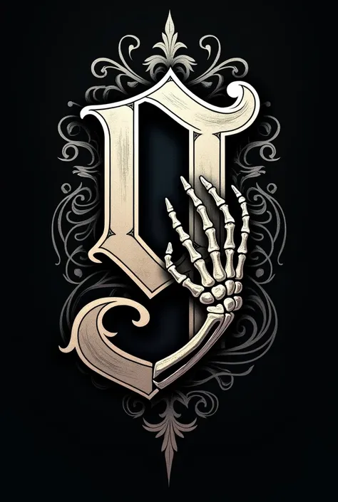 create a logo for a tattoo studio sign with the letter G gothic font with arebesques and a skull hand along with a tattoo machine