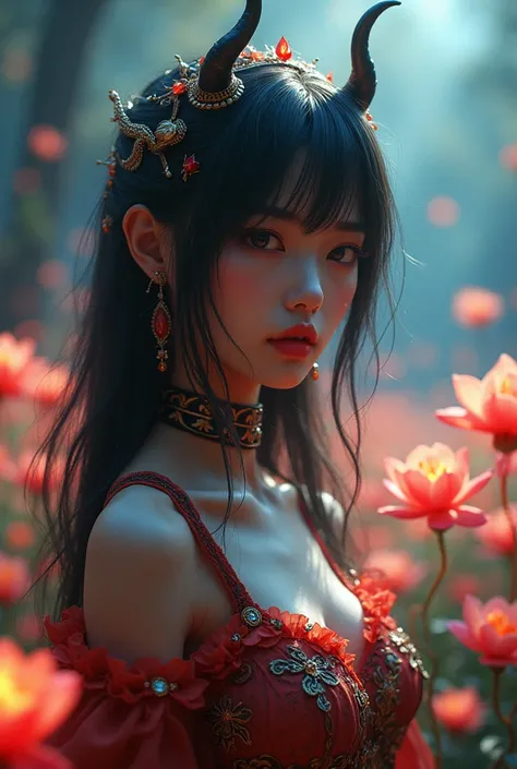 a futanari girl in a fantasy landscape, beautiful detailed eyes, beautiful detailed lips, extremely detailed face and body, long hair, intricate detailed clothing, magical glowing flower garden, vibrant colors, dramatic lighting, (best quality,4k,8k,highre...