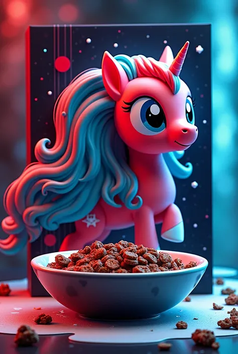 Cereal box with Pony Malta Crunch text:[design with futuristic red and blue colors:0.6], [ shows a cereal of Crunchy chocolate granola in a cup with milk:0.8]. 