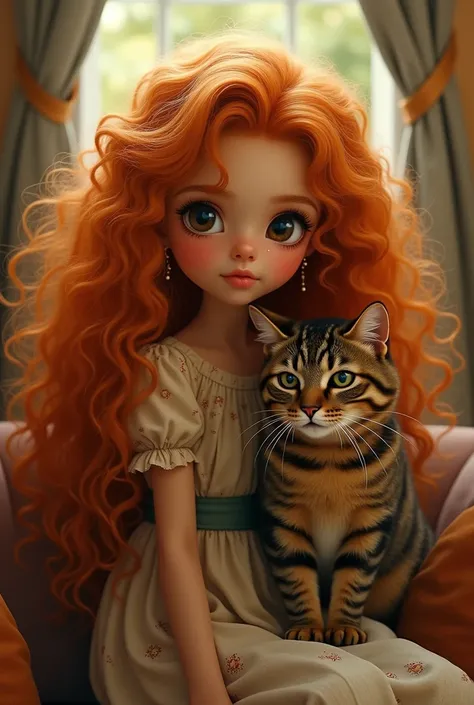 a brown-skinned girl with long curly orange hair. next to her cat with brown and gray fur, with stripes