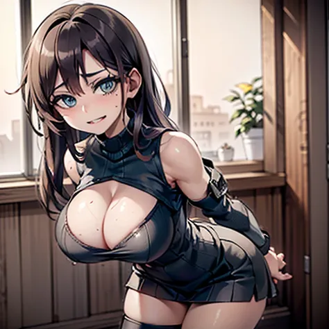 Anime Kawaii sexly Perfect Slim sensual body large breast and huge thighs, An intricate and highly detailed illustration of anime (Young girl ((highest quallity)), ((work of art)), (detailded), A person,age 25,(black knit sweater),(mini-skirt),bare one sho...