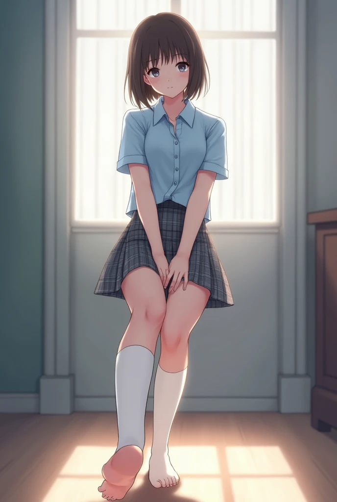 woman in school uniform, light blue button-down shirt and grey plaid skirt, white knee high socks. 
She is sitting and you look at her from the floor, She is standing shoeless with her foot in front of you