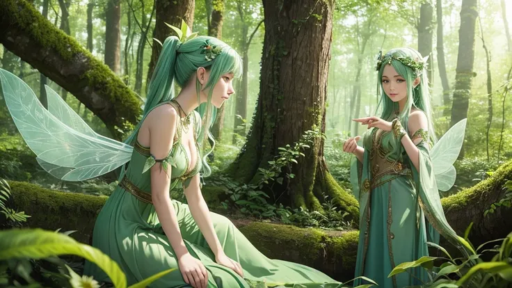 "A Leaf Fairy, a mystical creature connected deeply with nature and the wind. She has flowing green hair, delicate wings resembling leaves and flowers, and eyes that exude the vitality of nature. Though she appears to be in her early 20s, her true age is u...