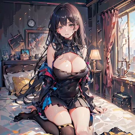 Anime Kawaii sexly Perfect Slim sensual body large breast and huge thighs, An intricate and highly detailed illustration of anime (Young girl ((highest quallity)), ((work of art)), (detailded), A person,age 25,(black knit sweater),(mini-skirt),bare one sho...