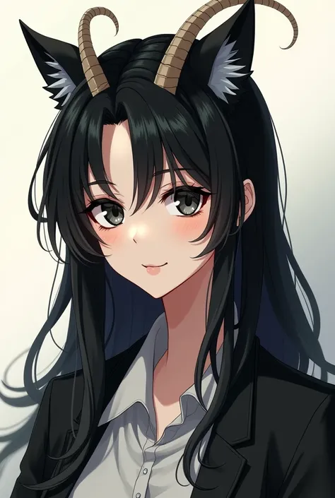 Anime drawing of a thirty-year-old woman, black eyes, sharp pupils like a cat, long black hair with a single goat-like horn on the right side of her forehead, wearing work clothes that cover her body, her gaze is calm and humble, a simple and calm smile, a...