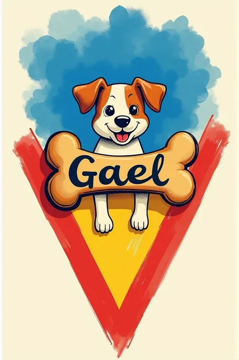 create an AI image of a triangular coat of arms in royal blue, yellow and red, in the lower part of the coat of arms a dog bone and inside the bone the writing "GAEL" in watercolor tones in a childrens vector design style, Cartoon