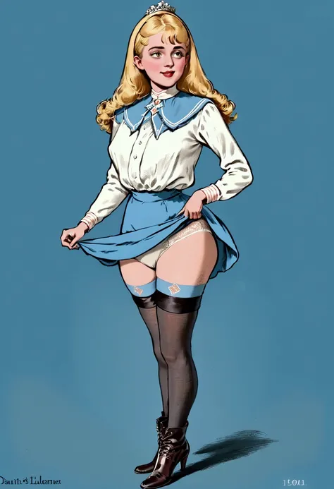 Lola Loud, a pretty 10yo blonde beauty queen of the 1900s flirting with an old man, daintily lifting her skirts to reveal her high-waisted bloomers, garter silk stockings and boots. Year 1901. 1900_dr3ss. High-collar long sleeve shirtwaist, wide-brimmed pi...