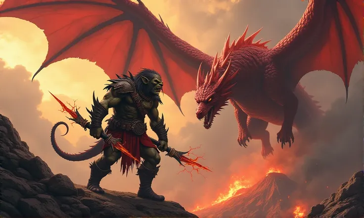 powerful goblin equipped with two electric daggers, he is looking at a powerful red dragon that is flying above a volcano.
Resolution 1080 x