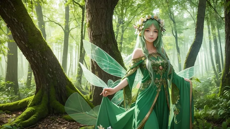 "A Leaf Fairy, a mystical creature connected deeply with nature and the wind. She has flowing green hair, delicate wings resembling leaves and flowers, and eyes that exude the vitality of nature. Though she appears to be in her early 20s, her true age is u...