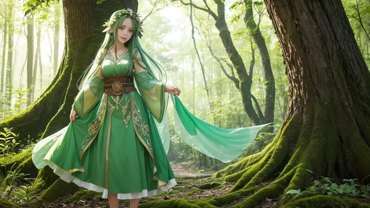 "A Leaf Fairy, a mystical creature connected deeply with nature and the wind. She has flowing green hair, delicate wings resembling leaves and flowers, and eyes that exude the vitality of nature. Though she appears to be in her early 20s, her true age is u...