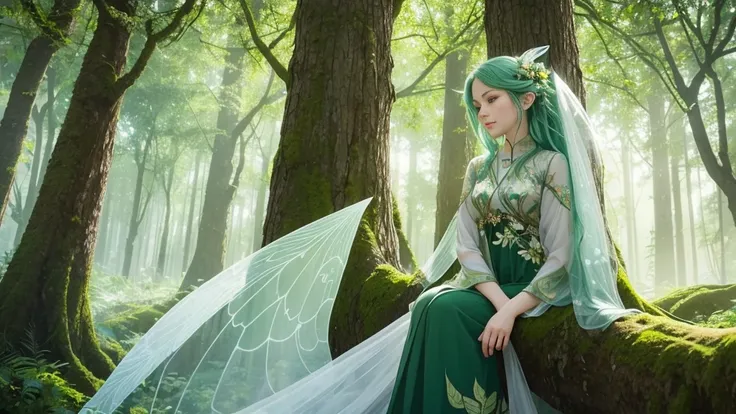 "A Leaf Fairy, a mystical creature connected deeply with nature and the wind. She has flowing green hair, delicate wings resembling leaves and flowers, and eyes that exude the vitality of nature. Though she appears to be in her early 20s, her true age is u...