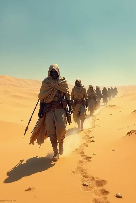 Les Gardiens marchant dans le désert : Les Gardiens avancent difficilement à travers les dunes, leurs visages protégés par des tissus pour se prémunir du vent sablonneux. Ils marchent en file indienne, laissant des traces éphémères derrière eux.