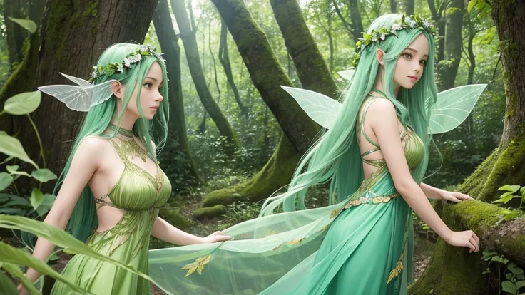 "A Leaf Fairy, a mystical creature connected deeply with nature and the wind. She has flowing green hair, delicate wings resembling leaves and flowers, and eyes that exude the vitality of nature. Though she appears to be in her early 20s, her true age is u...