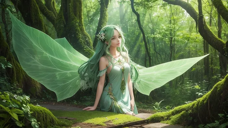 "A Leaf Fairy, a mystical creature connected deeply with nature and the wind. She has flowing green hair, delicate wings resembling leaves and flowers, and eyes that exude the vitality of nature. Though she appears to be in her early 20s, her true age is u...