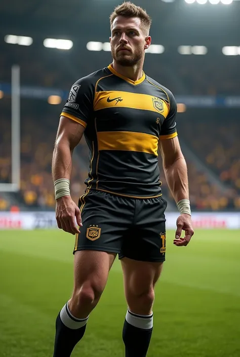 Rugby uniform in black, gold and white, with gold being predominant 