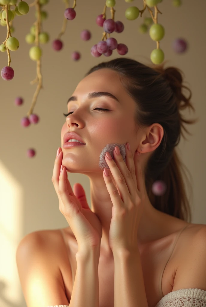 Imagine a calm woman, with eyes closed and serene, while performing your skincare carefully. ao mesmo tempo, grapes fall gently on your face, creating a shower of refreshing fruits. The scene combines the calm of your beauty ritual with the playful touch o...