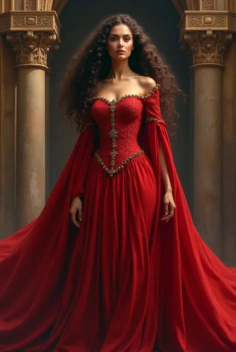 best qualityer, work of art, ultra high resolution, woman strong, long  curly hair, redgown, medieval clothes,extreme detail, 4K,  