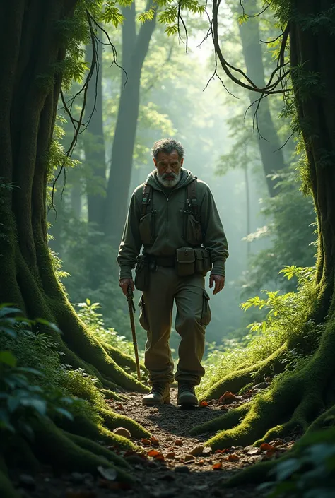 A father in the middle of the forest looking for his son 