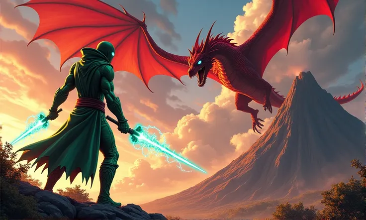 Green goblin equipped with two electric daggers, he is looking at a powerful red dragon that is flying above an anime style volcano.