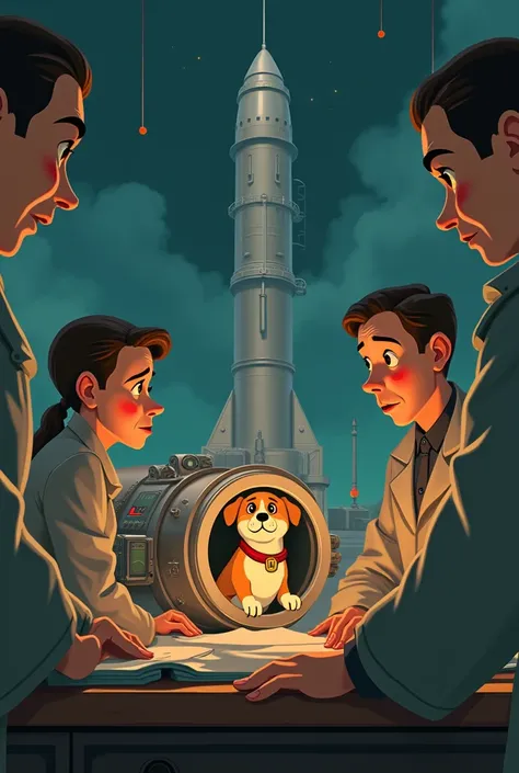 Create an animation set in the 50s where you see the dog Laika being put in the capsule to launch her into space and there are people around her