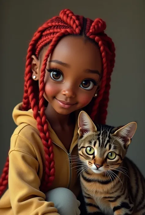 a BROWN SKINNED girl with box braids red hair.
next to her cat with brown and gray fur, with stripes