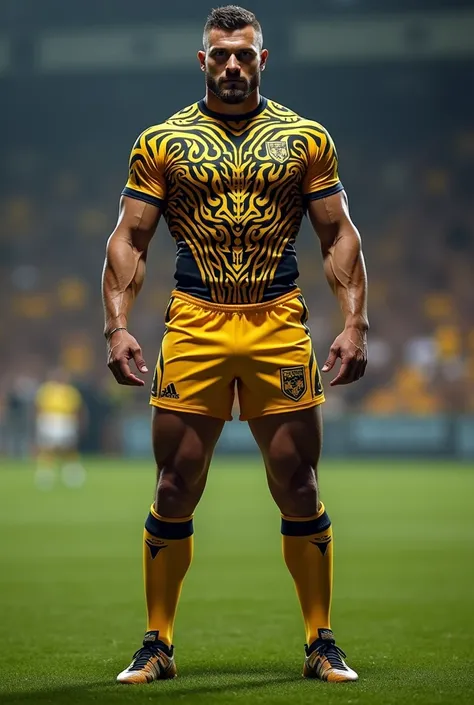 Rugby uniform in black, gold and white, the gold being predominant with a tribal shape
 