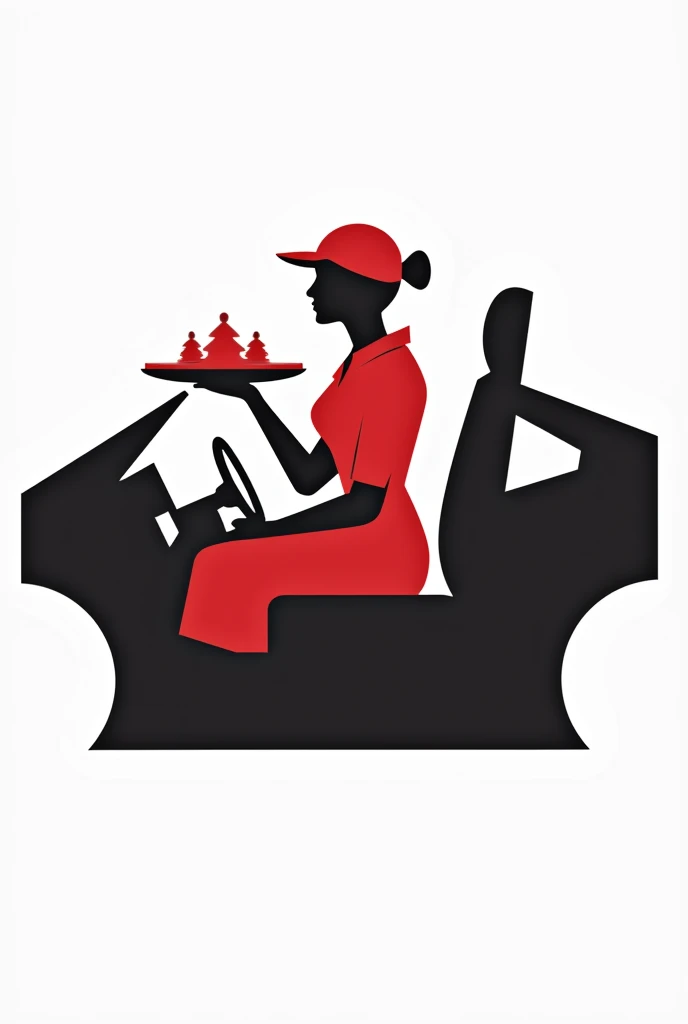 shape of a red waitress sitting in a black car, the shape of the objects and the waitress holding a tray, for a logo
