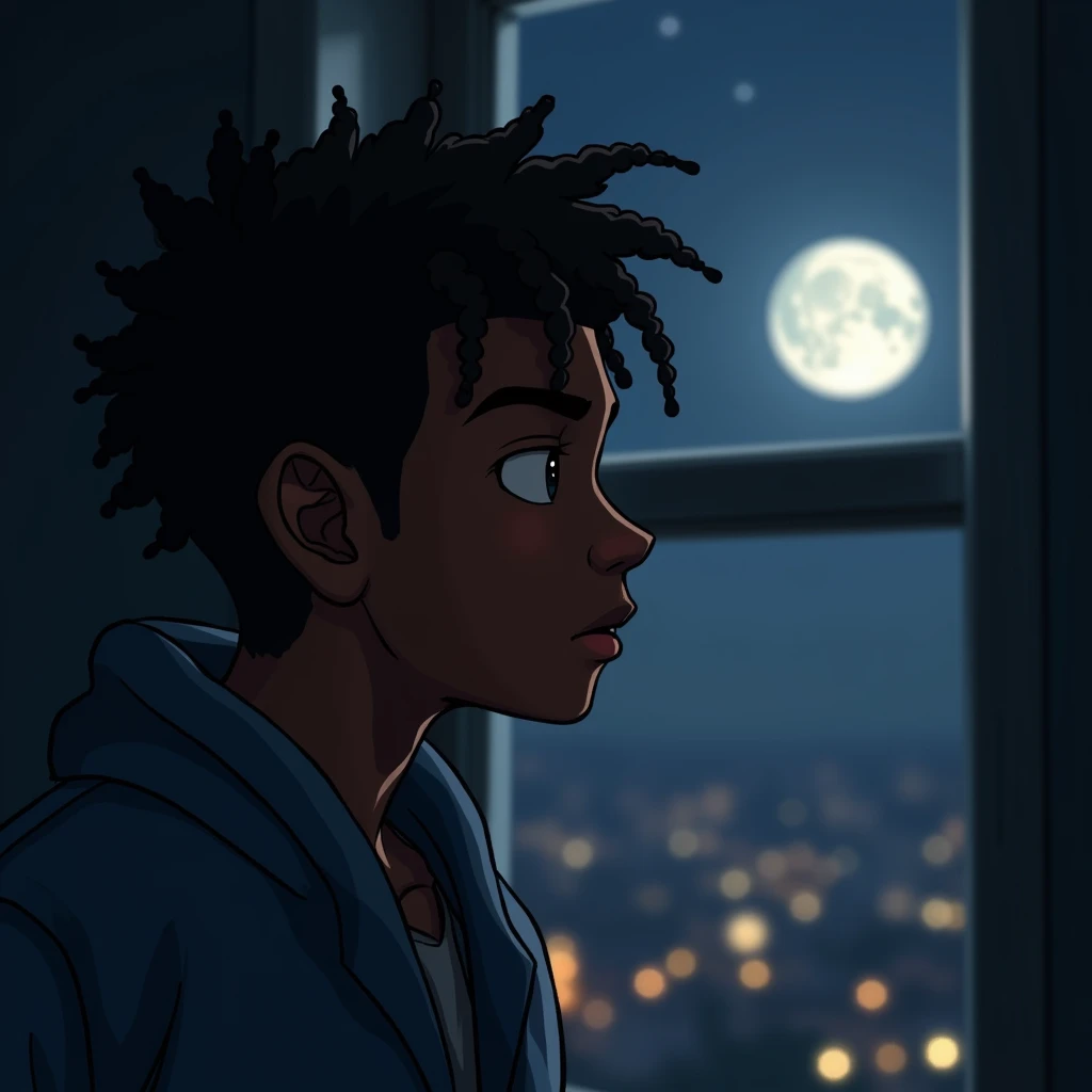 A young man with brown skin and twist locks style hair looking at the moon through the window from behind 