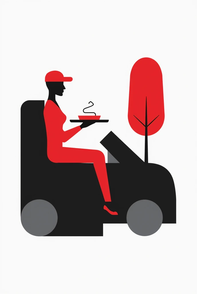 shape of a red waitress sitting in a black car, the shape of the objects and the waitress holding a tray, for a logo
