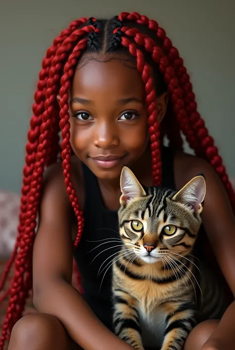 a BROWN SKINNED girl with box braids red hair.
next to her cat with brown and gray fur, with stripes