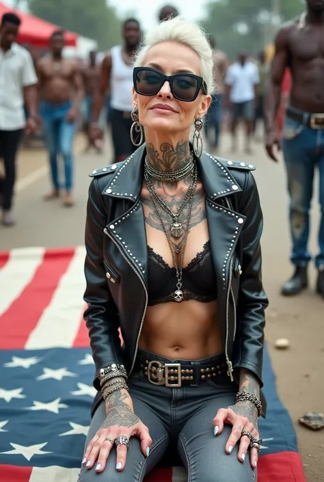 Anglosaxon old milf woman, , blonde platinum hair (beehive bun, black parsley headband), with very light green eyes, extremely pale. Wearing oversized square black maxisunglasses Wearing studded cropped black moto jacket (verical zippers on the sides). Bla...