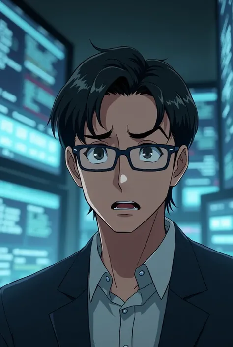 A front-facing animation of a 29-year-old man, moderately strong brown, medium length, dark hair, slightly square glasses, raising an eyebrow at a display of concern technology scenario 