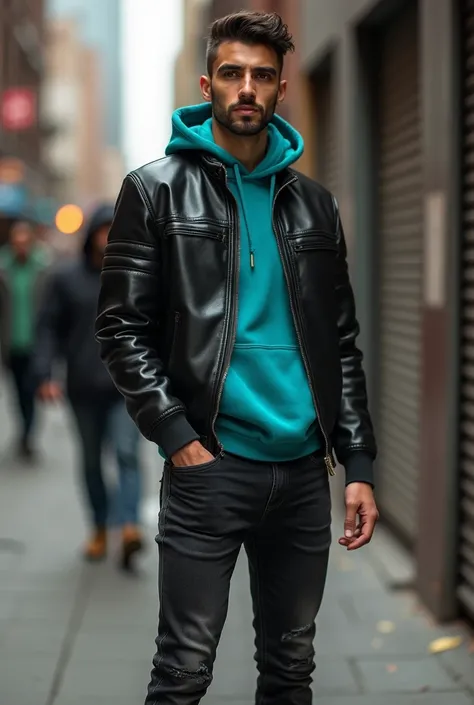 Man in black leather jacket, under turquoise hooded sweatshirt, black jeans and camel-colored shoes 