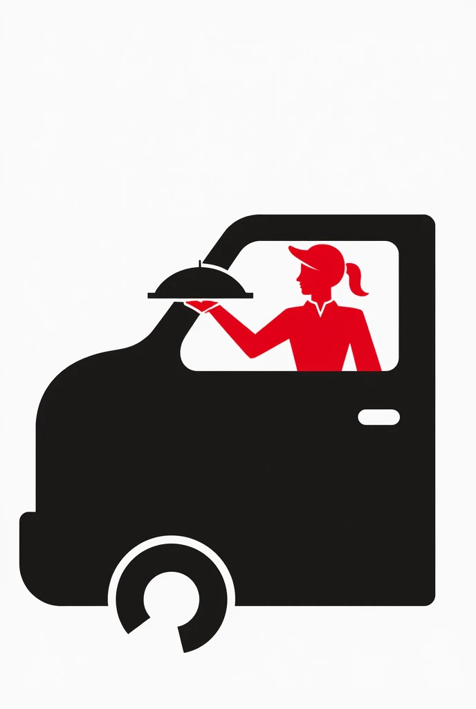 shape of a red waitress sitting in a black car, the shape of the objects and the waitress holding a tray, for a logo
