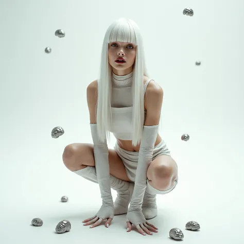 A woman with long straight white hair with bangs,she will wear a paper crop top made from newspaper,a mini paper skirt made from newspaper and a boot made from newspaper,she will be crouched and the background will be white with little metallic brains floa...