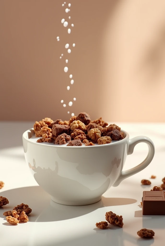 shows a cereal of Crunchy chocolate granola in a cup with milk:0.8