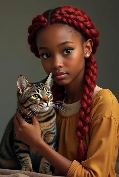 a BROWN SKINNED girl with box braids red hair.
next to her cat with brown and gray fur, with stripes