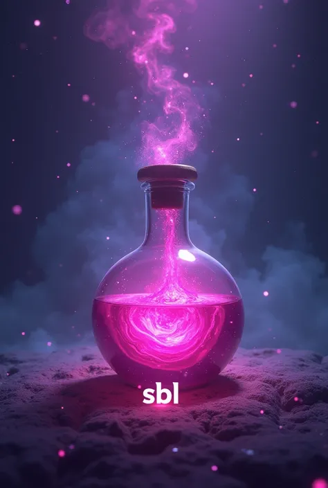 A potion with pink liquid, with universe background with purple and dark blue gradient, with 3 letters written SBL under the potion and put some details 