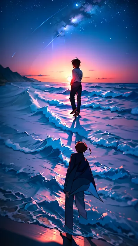 Viral anime nature wallpaper in 4K quality, in the style of photography with a 35mm lens inspired by Keiichi Hara, capturing a serene beach at twilight with gentle waves, a sky transitioning from orange to deep blue, and a silhouette of distant islands; wa...