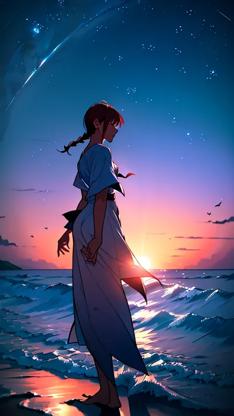 Viral anime nature wallpaper in 4K quality, in the style of photography with a 35mm lens inspired by Keiichi Hara, capturing a serene beach at twilight with gentle waves, a sky transitioning from orange to deep blue, and a silhouette of distant islands; wa...