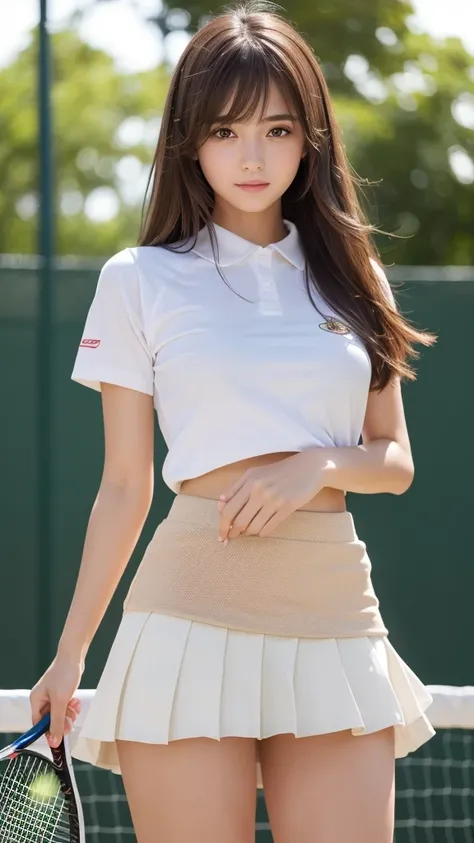 masterpiece, Highest quality,Very detailed,High resolution,(Realistic, photoRealistic:1.37),Excellent anatomy, One beautiful woman,18-year-old,tennis Club,(Knee-deep shots:1.3),(Focus on skirt and thighs:1.5),A small smile,Play Tennis,Tennis Wear, (shape),...