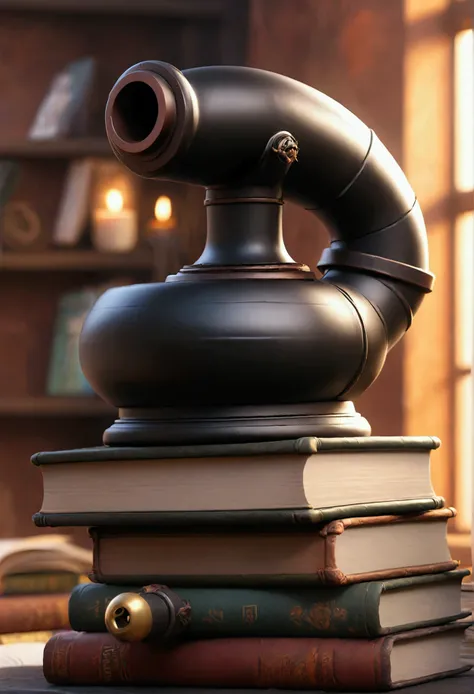 Black pipe on top of books 