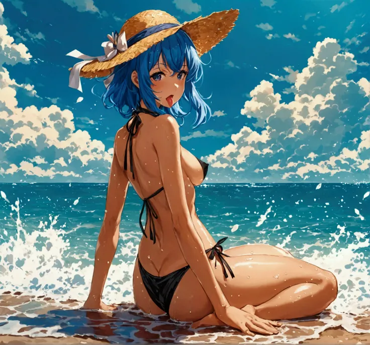 Anime girl on the beach naked, thick thighs, thick legs HD image, Good blue hair body sticking out tongue and turning up