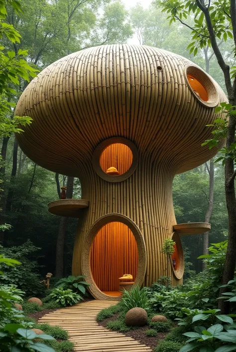 A mushroom-shaped house made of bamboo and the body of the mushroom is made of vertical bamboo and opens like a flower 

